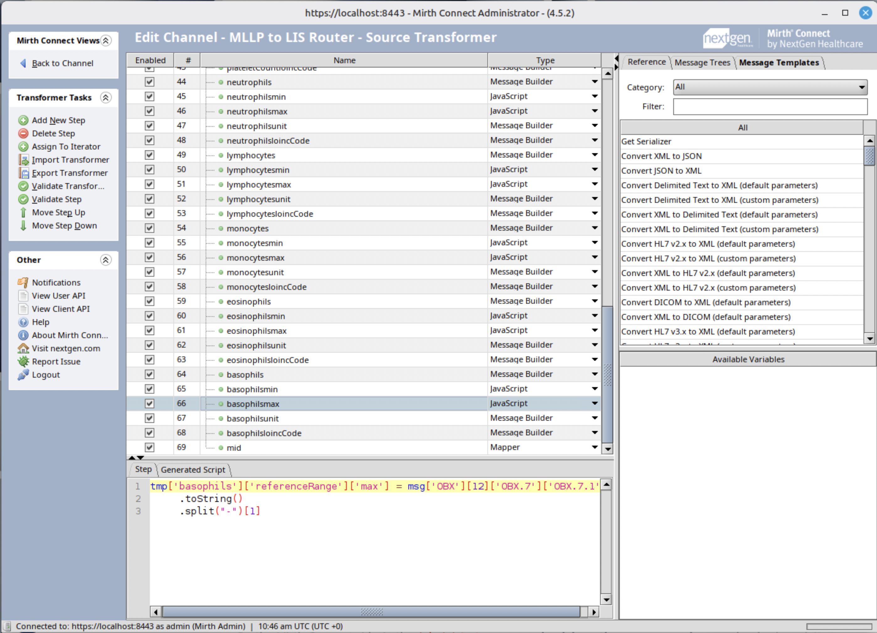 Screenshot of Mirth Connect Administrator showing Message Transformation