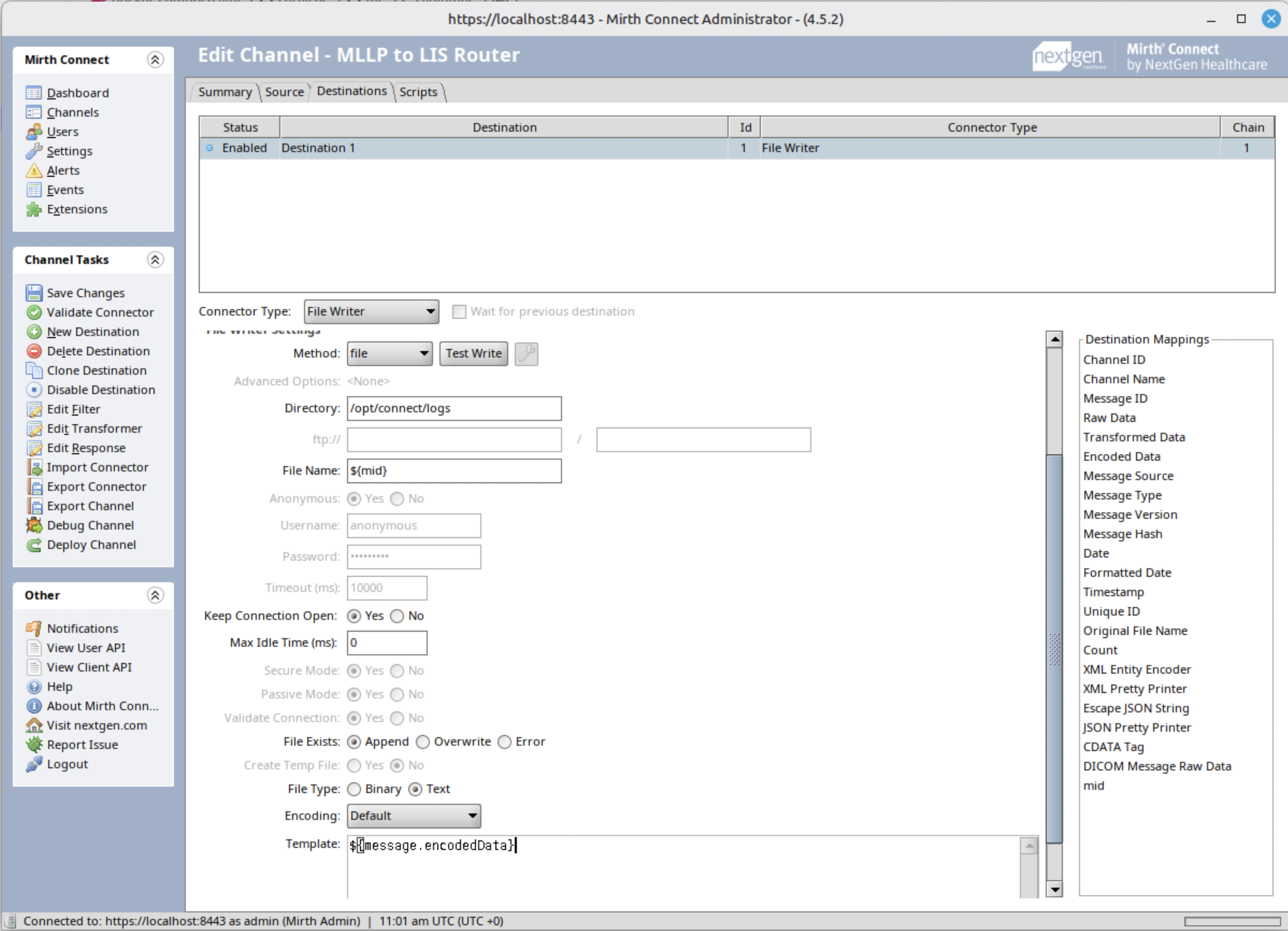 Screenshot of Mirth Connect Administrator showing Configure Destination Connector (File Writer)