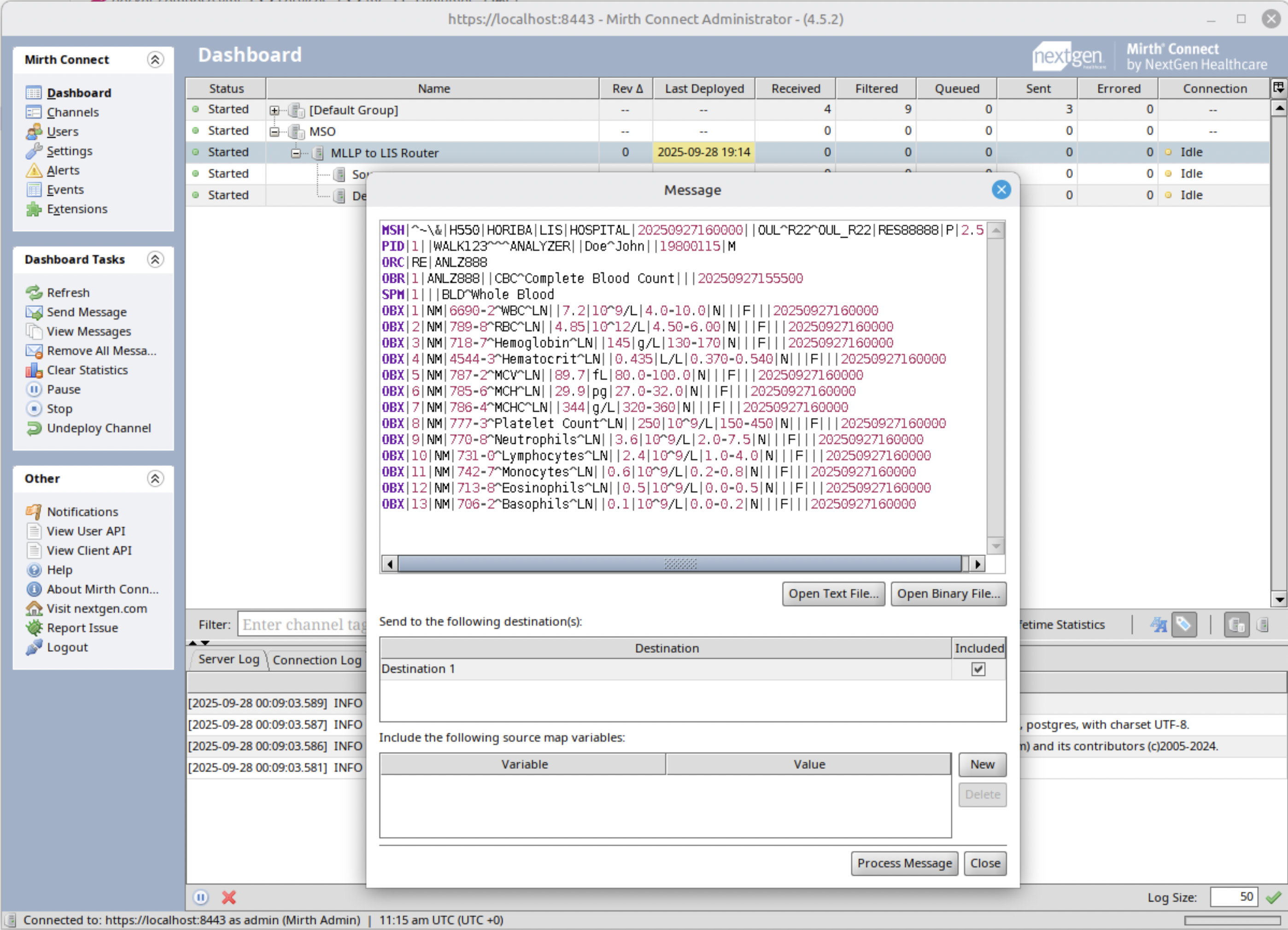 Screenshot of Mirth Connect Administrator showing Configure Destination Connector (File Writer)
