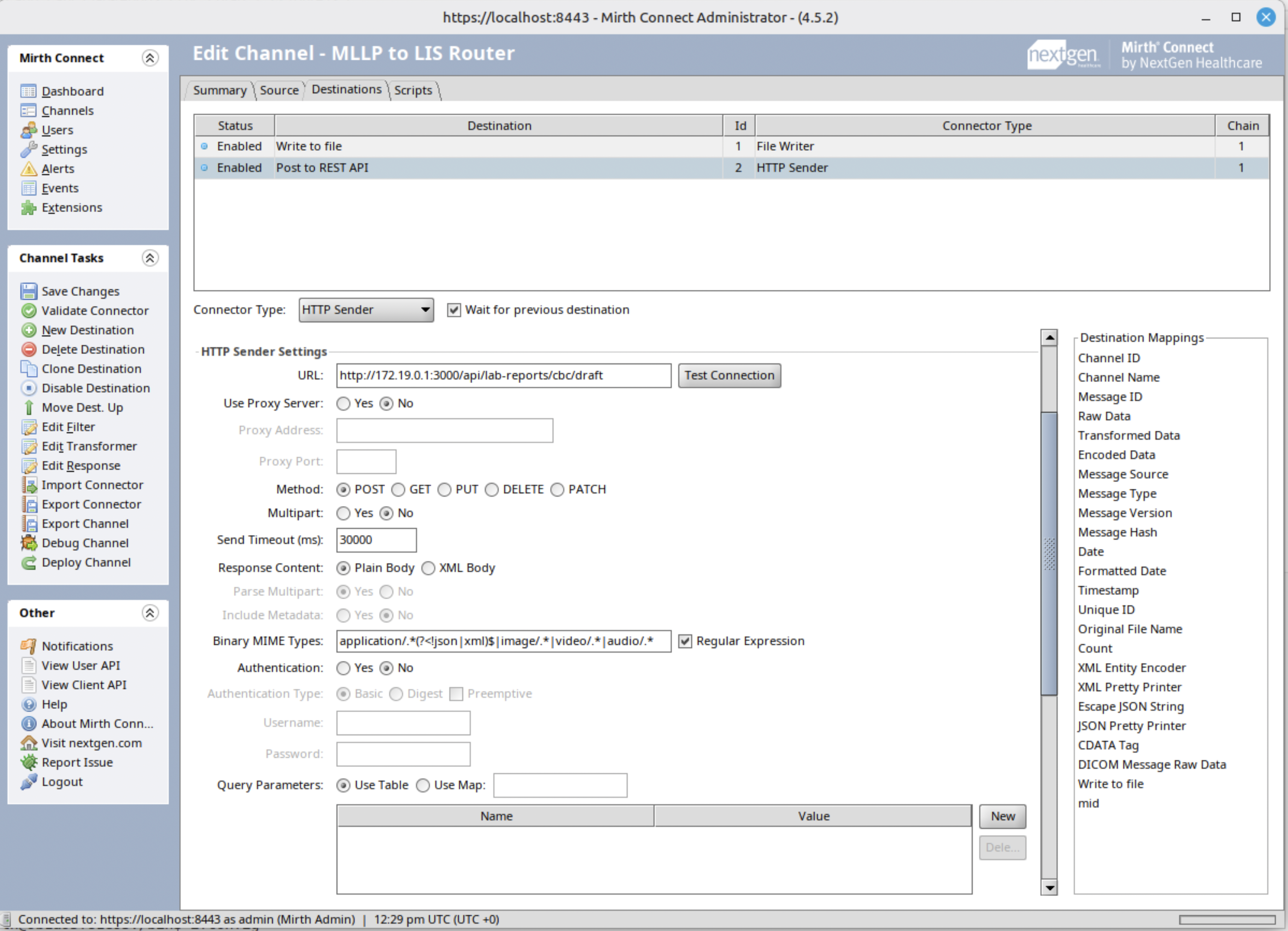 Screenshot of Mirth Connect Administrator showing Configure Destination Connector (REST API)