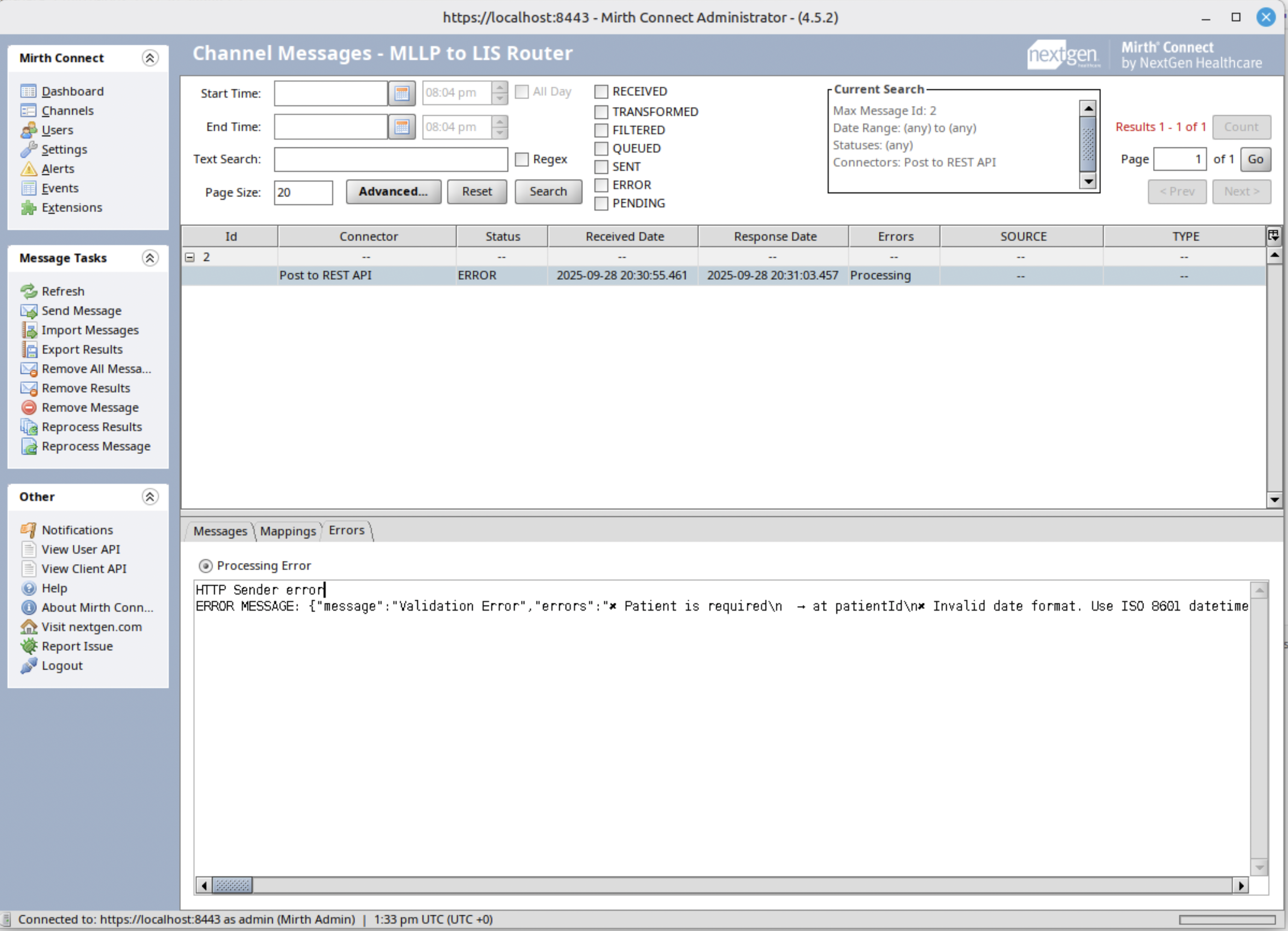 Screenshot of Mirth Connect Administrator showing REST API Validation Failure Test